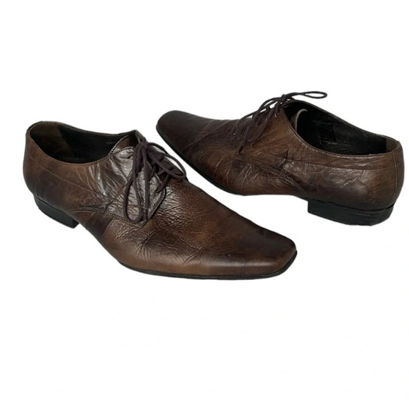 LUKETTI Mens Squared Pointed Toe Grain Leather Oxford Shoes Lace Up Brown 44 - Picture 14 of 14